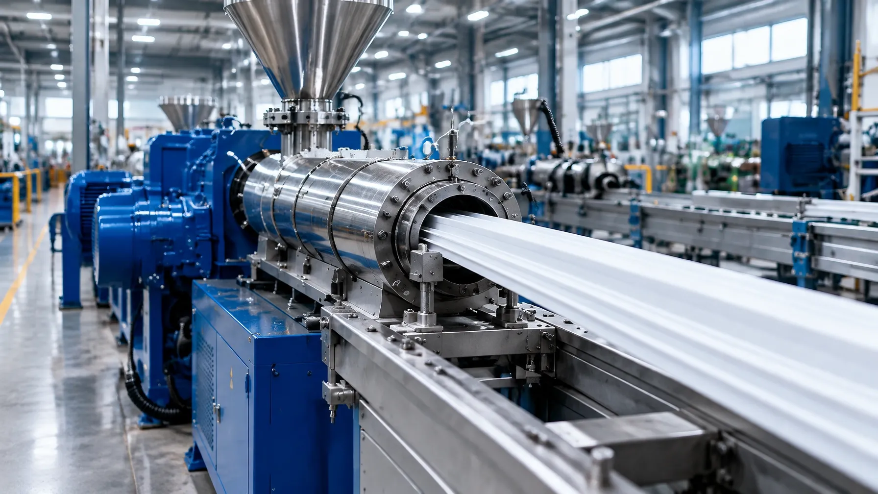Modern plastics extrusion line in a manufacturing plant